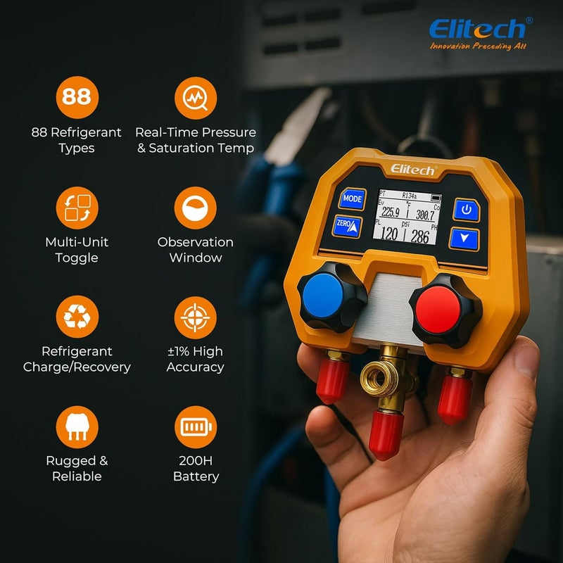 Elitech Digital Manifold Gauge Set for HVAC, Refrigeration & AC Systems, Supports R410A/R454B/R134 etc. Refrigerants, LCD Display, DMG-2SE with 3 Color Hoses & 2 R410A Adapters - Image 2